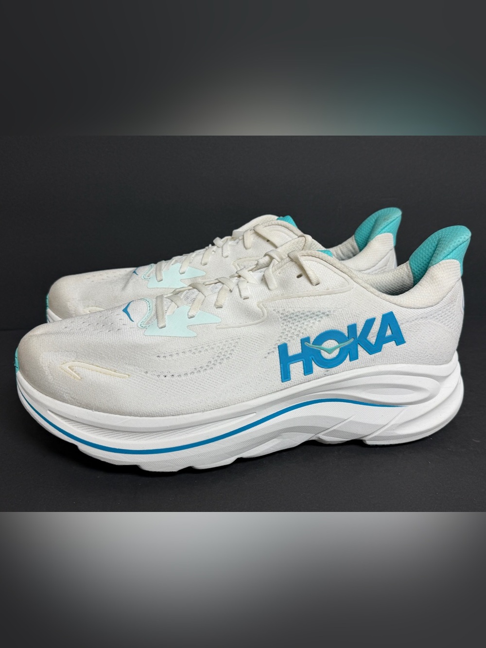 Size 14 2E WIDE - Hoka One One Clifton 10 White Skyward Blue Shoes BARELY WORN